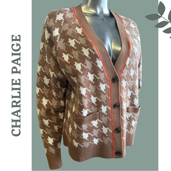 Charlie Paige Long Sleeve Button Up V-Neck Cardigan Brown Cream Orange Large - Picture 2 of 5